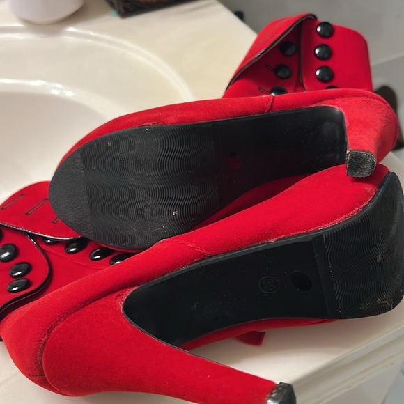 Red suede ankle boots with black button accents. Wore once. Great condition - Picture 3 of 5